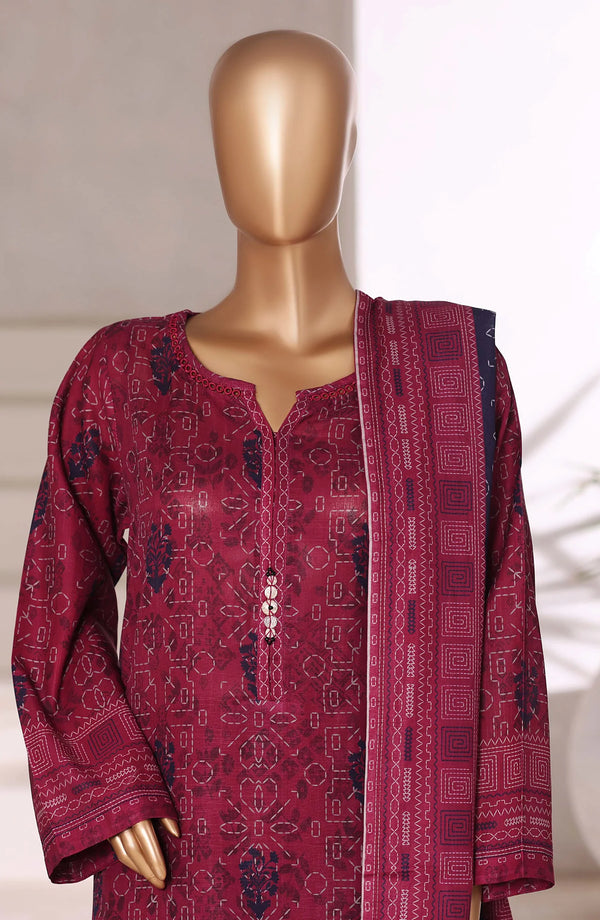Printed Khaddar Stitched 3 Piece Suit - Design-08 - SBD25KHD - Maroon - Winter Collection