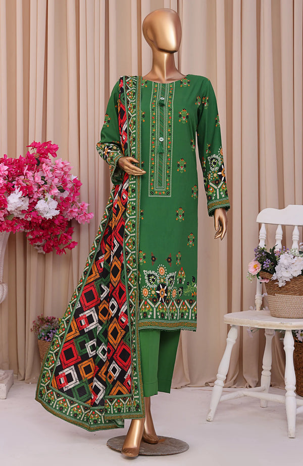 Digital Printed Linen Slub Unstitched 3-Piece Suit – LSD-301 (Green)