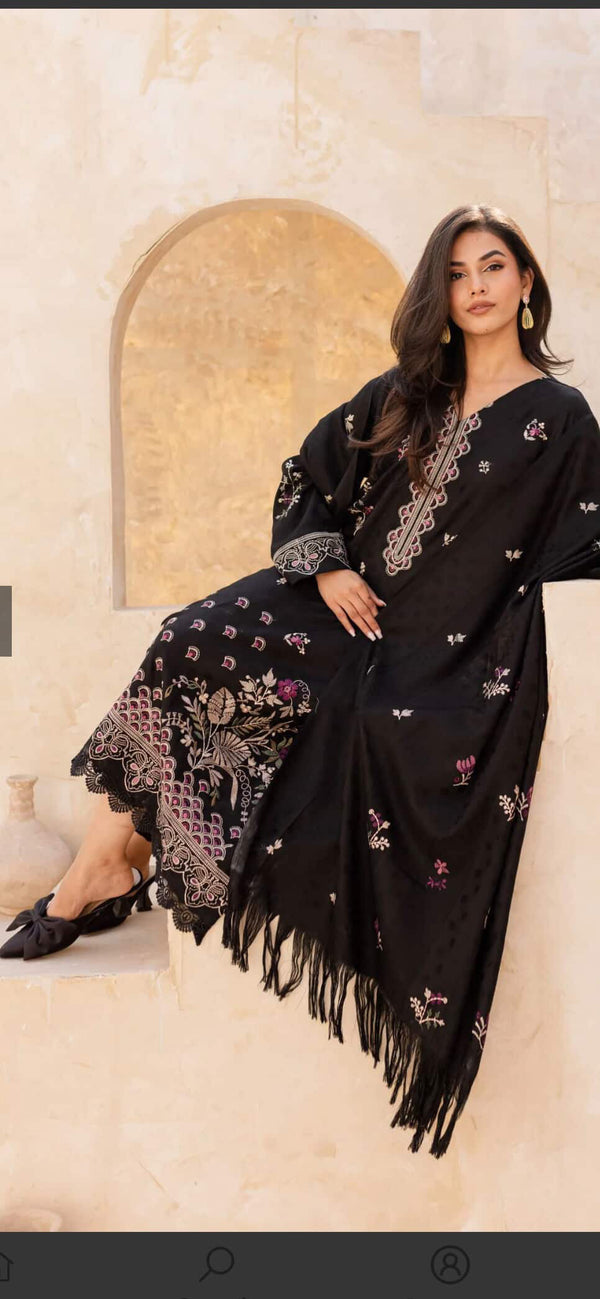 Chamkeeli Embroidered Dhanak Zari Wool Unstitched 3 Piece Suit - D-4004 - RSH25CHM - Black - Winter Collection