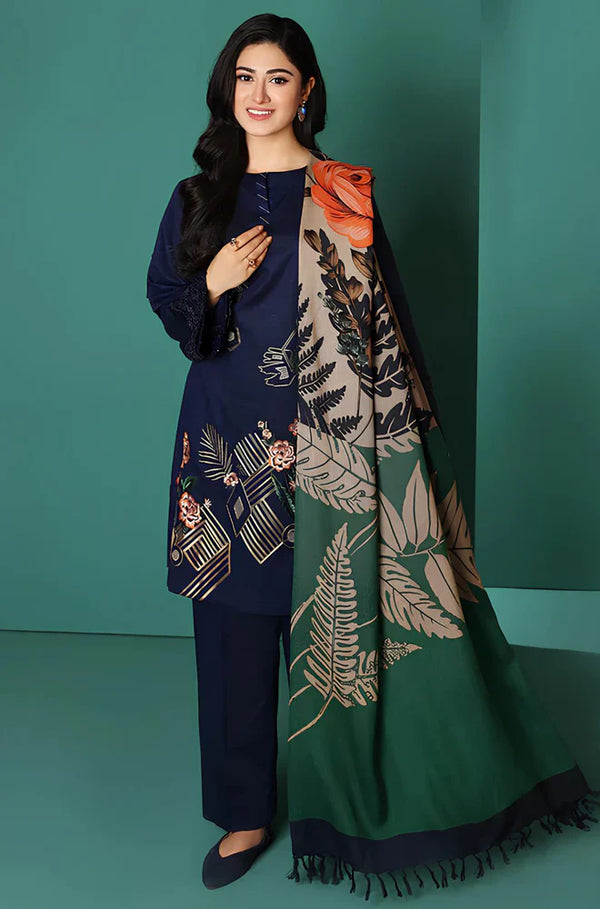 WINTER Nishat Blue Linen Embroidered three piece With Printed Wool Shawll