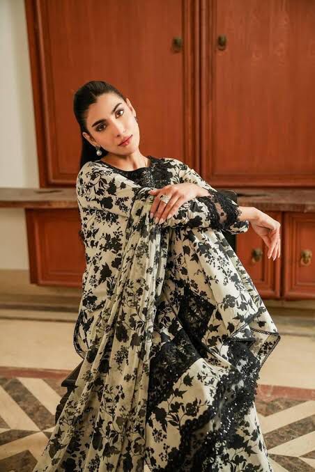 3PC Lawn Suit with Embroidered Neck Patch & Chiffon Dupatta (Skin & Black)