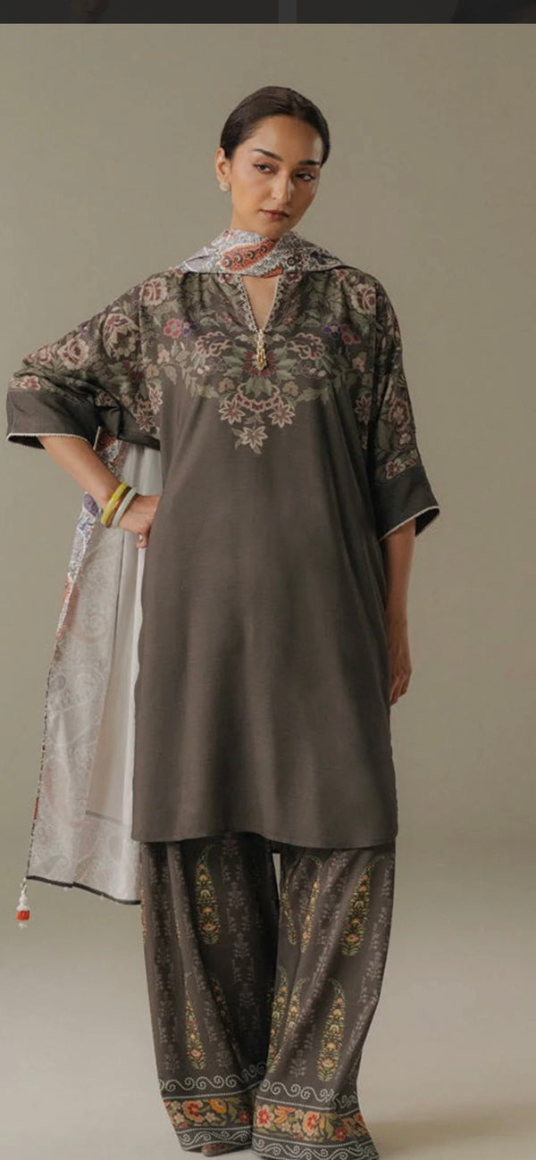 Digital Printed Linen Unstitched 3 Piece Suit - Autumn Line-10A - ZS25PND - Grey - Winter Collection
