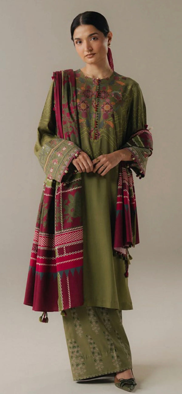 Digital Printed Linen Unstitched 3 Piece Suit - Terracotta Sky-9A - ZS25PND - Olive Green - Winter Collection