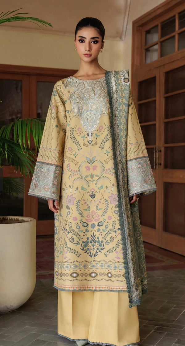 Embroidered Winter Fabric Unstitched 3 Piece Suit - FL-8B - FL25WW - Yellow - Winter Whispers Collection