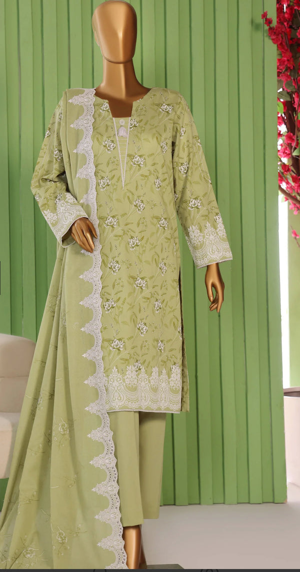 Embroidered Cotton Karandi Unstitched 3 Piece Suit - LKE-106 - HZ25LBSK - Olive Mist - Winter Collection