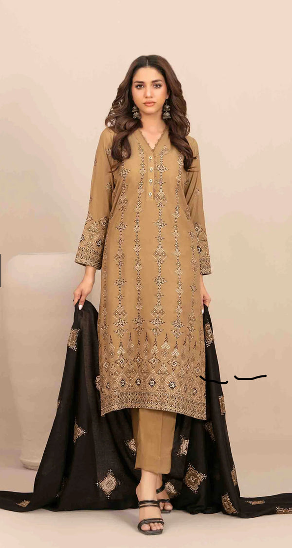 Embroidered Leather Peach Unstitched 3 Piece Suit - D-5690 - TF25SWN - Brown - Winter Collection