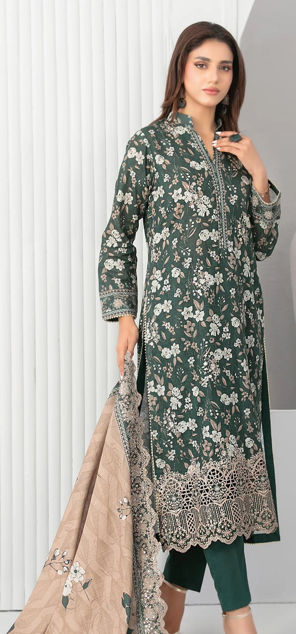 Embroidered Khaddar Unstitched 3 Piece Suit - D-4777 - TF25MDEA - Green - Winter Collection