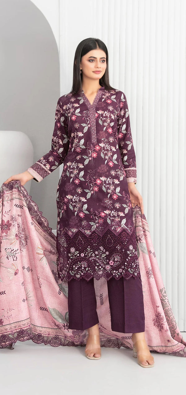 Embroidered Khaddar Unstitched 3 Piece Suit - D-4773 - TF25MDEA - Purple - Winter Collection