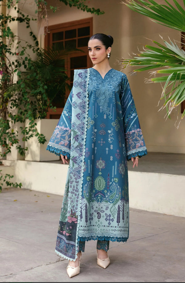 Embroidered Winter Fabric Unstitched 3 Piece Suit - FL-5B - FL25WW - Blue - Winter Whispers Collection