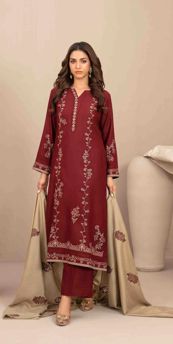 Embroidered Leather Peach Unstitched 3 Piece Suit - D-5685 - TF25SWN - Maroon - Winter Collection