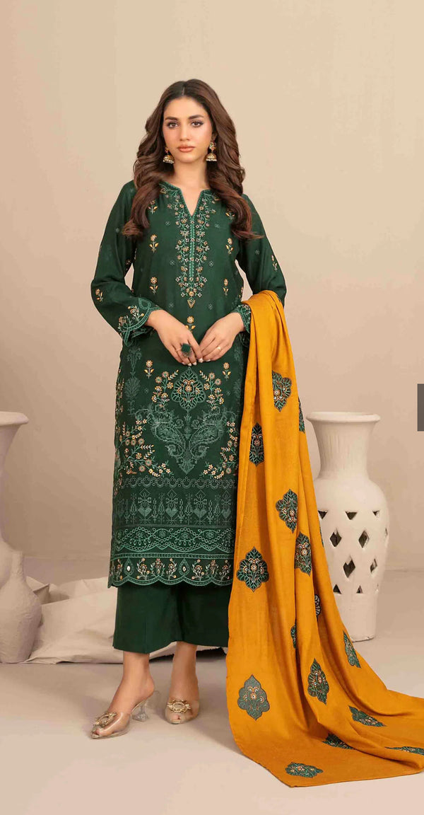 Embroidered Leather Peach Unstitched 3 Piece Suit - D-5684 - TF25SWN - Green - Winter Collection