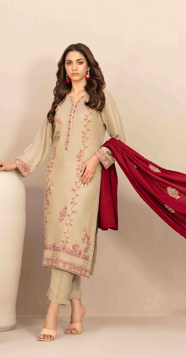 Embroidered Leather Peach Unstitched 3 Piece Suit - D-5689 - TF25SWN - Green - Winter Collection