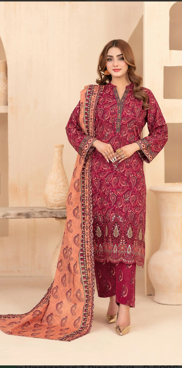 Embroidered Khaddar Unstitched 3 Piece Suit - D-5096 - TF25MESH - Pink - Winter Collection
