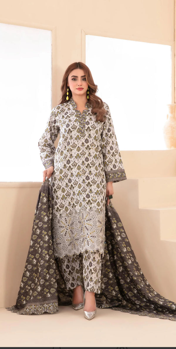 Embroidered Khaddar Unstitched 3 Piece Suit - D-5093 - TF25MESH - Off White - Winter Collection
