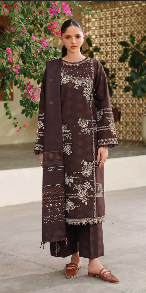 Embroidered Viscose Unstitched 3 Piece Suit - 09 Autumn Rose - FSH25MLN - Brown - Luxury Winter