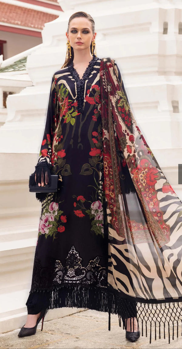 Embroidered Linen Unstitched 3 Piece Suit - D-10B - MB25PNW - Black - Winter Collection