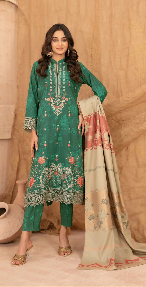 Embroidered Dhanak Unstitched 3 Piece Suit - D-5396 - TF25CASA - Green - Winter Collection