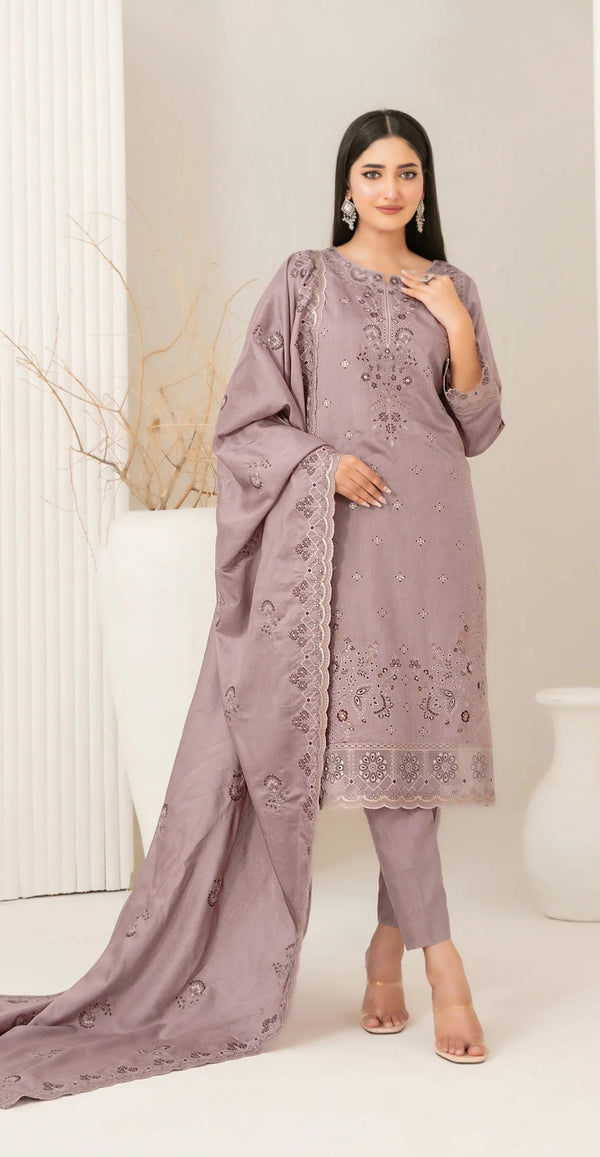 Embroidered Viscose Slub Unstitched 3 Piece Suit - D-5069 - TF25DHP - Purple - Winter Collection