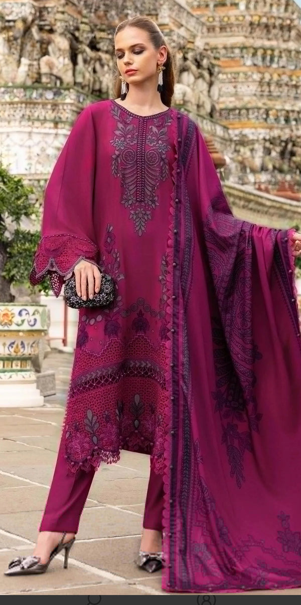 Embroidered Twill Linen Unstitched 3 Piece Suit - D-4B - MB25PNW - Purple - Winter Collection