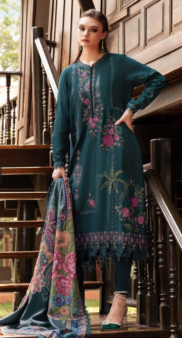 Embroidered Twill Linen Unstitched 3 Piece Suit - D-7B - MB25PNW - Teal - Winter Collection