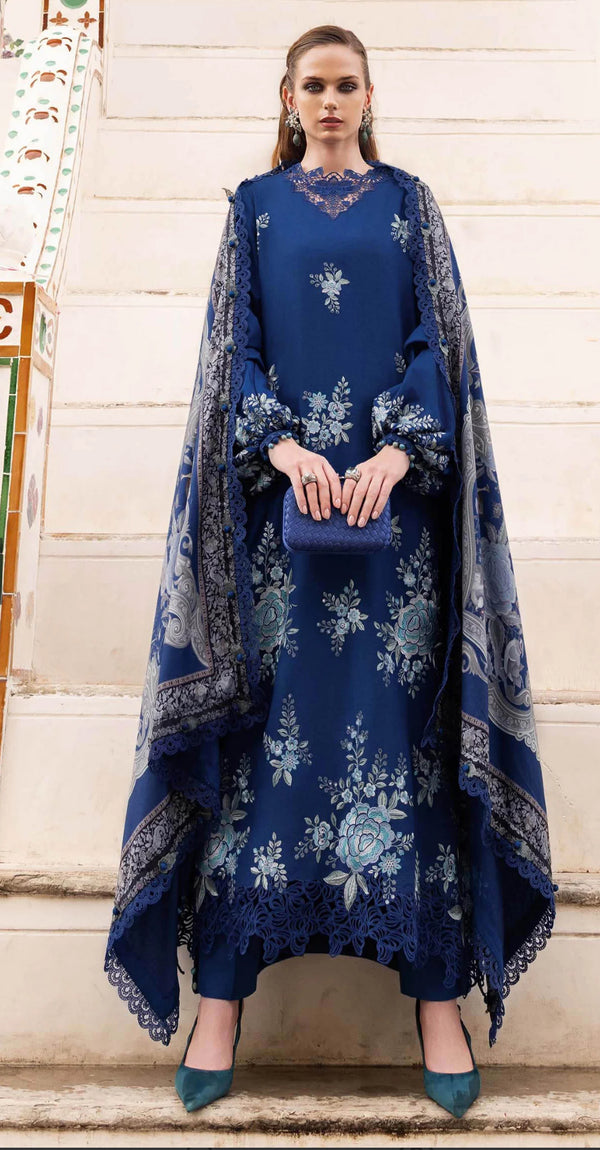 Embroidered Twill Linen Unstitched 3 Piece Suit - D-8B - MB25PNW - Blue - Winter Collection