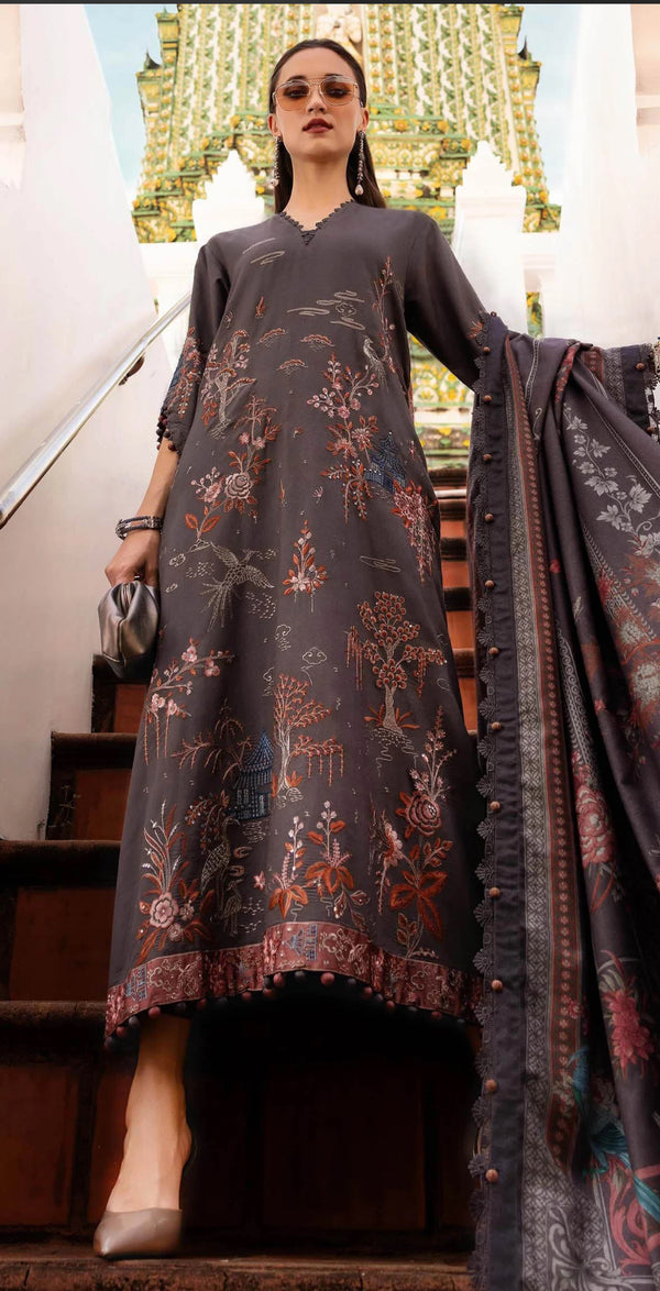 Embroidered Twill Linen Unstitched 3 Piece Suit - D-1B - MB25PNW - Grey - Winter Collection