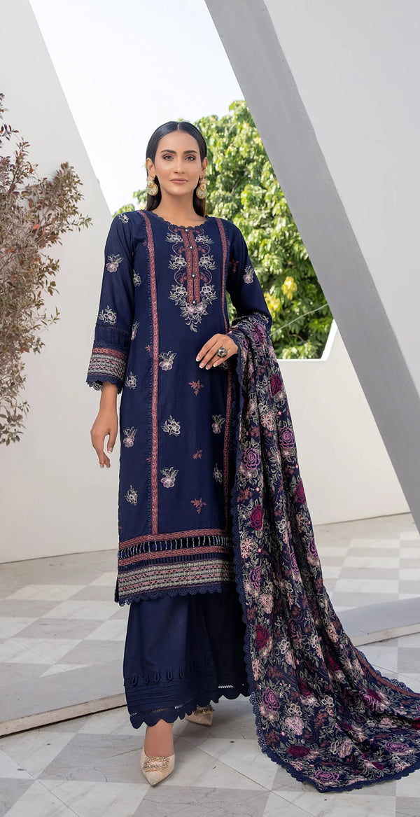 Embroidered Dhanak Unstitched 3 Piece Suit - D23103 - TNW25WD - Navy Blue - Winter Collection