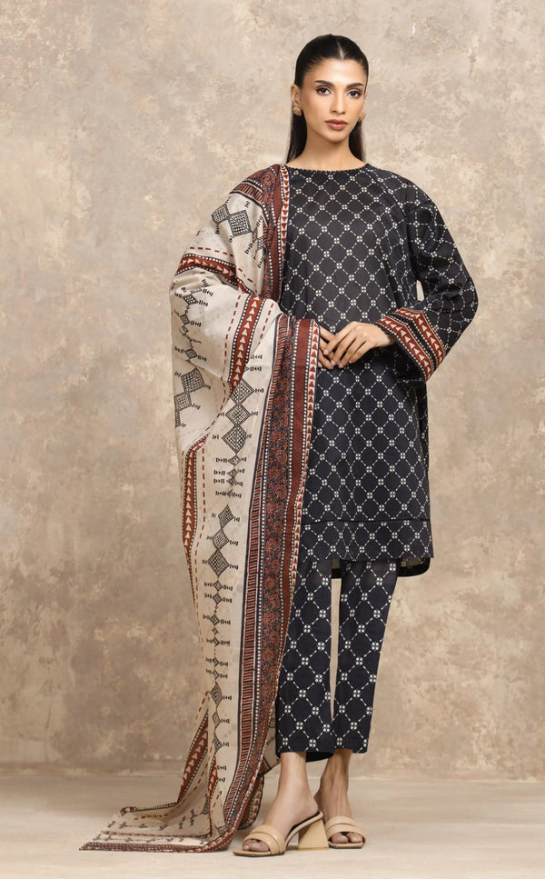 Unstitched Black Printed Khaddar 3 Piece Shirt